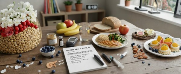 Esstisch mit Blutzucker- und Insulin-Notizen, gesunde Mahlzeit und Messgerät