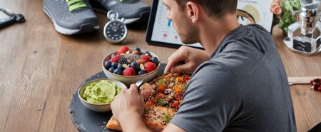 Sportler beim gesunden Essen mit Trainingsausrüstung