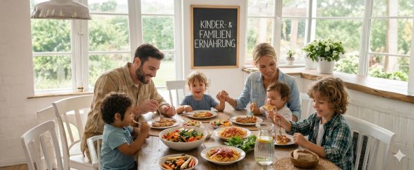 Familie mit Kindern beim gemeinsamen gesunden Essen am Tisch
